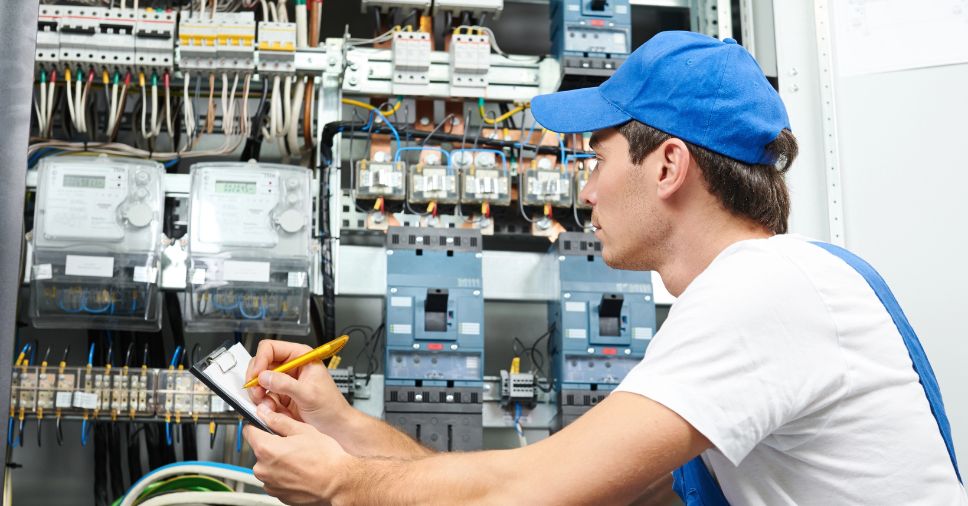 Eletricista inspeciona painel elétrico, indicando quando precisa fazer manutenção predial